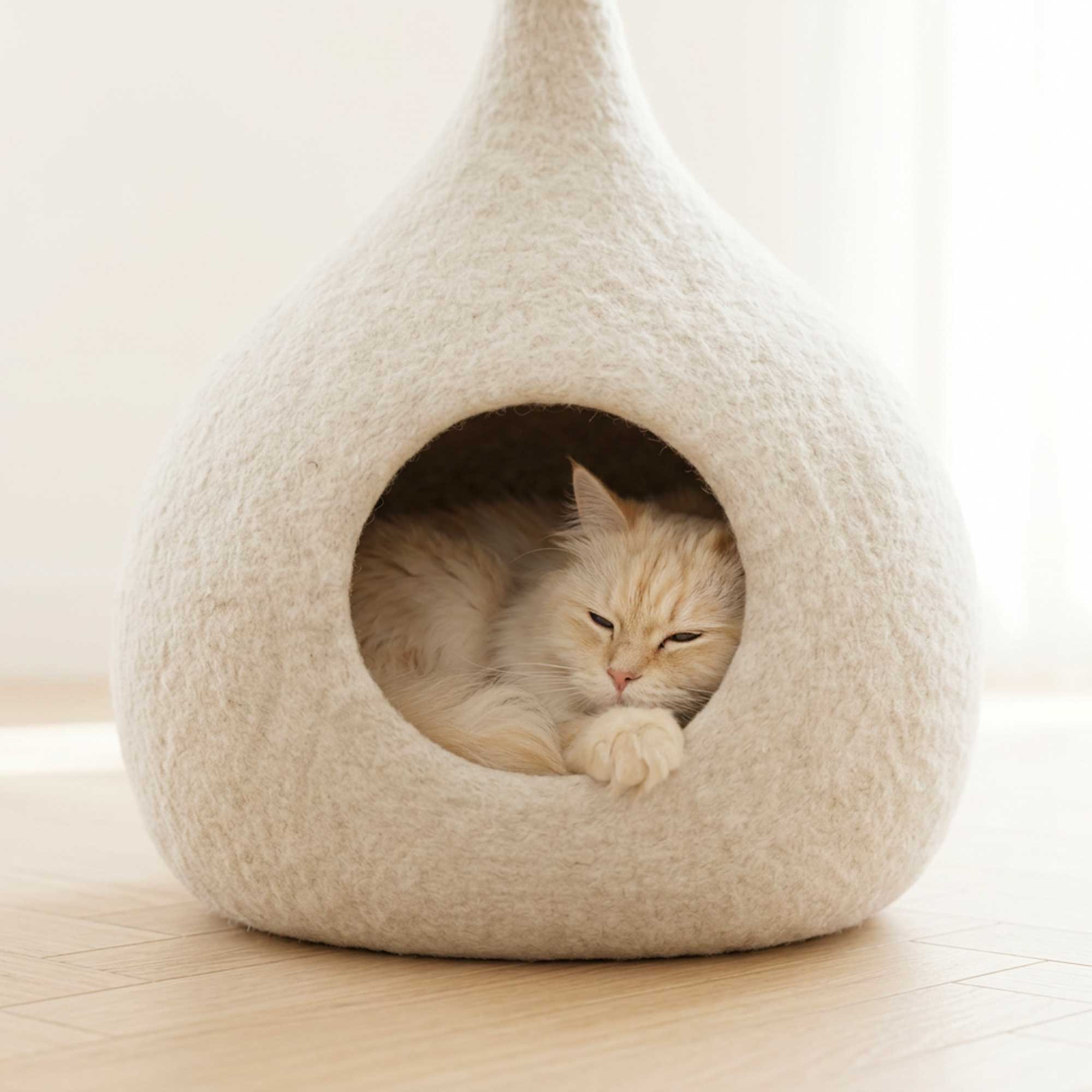 Cat resting inside handmade Drop Daisy wool cave